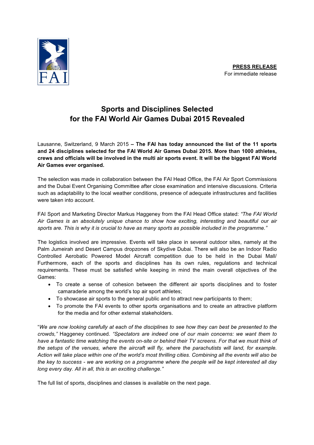 Sports and Disciplines Selected for the FAI World Air Games Dubai 2015 Revealed