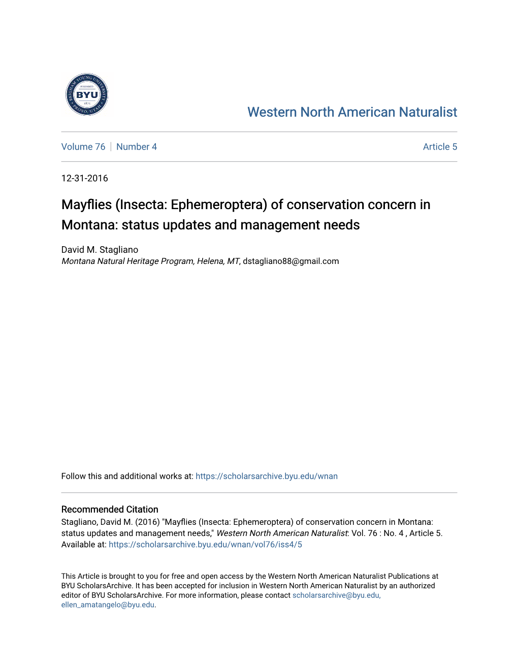 Mayflies (Insecta: Ephemeroptera) of Conservation Concern in Montana: Status Updates and Management Needs