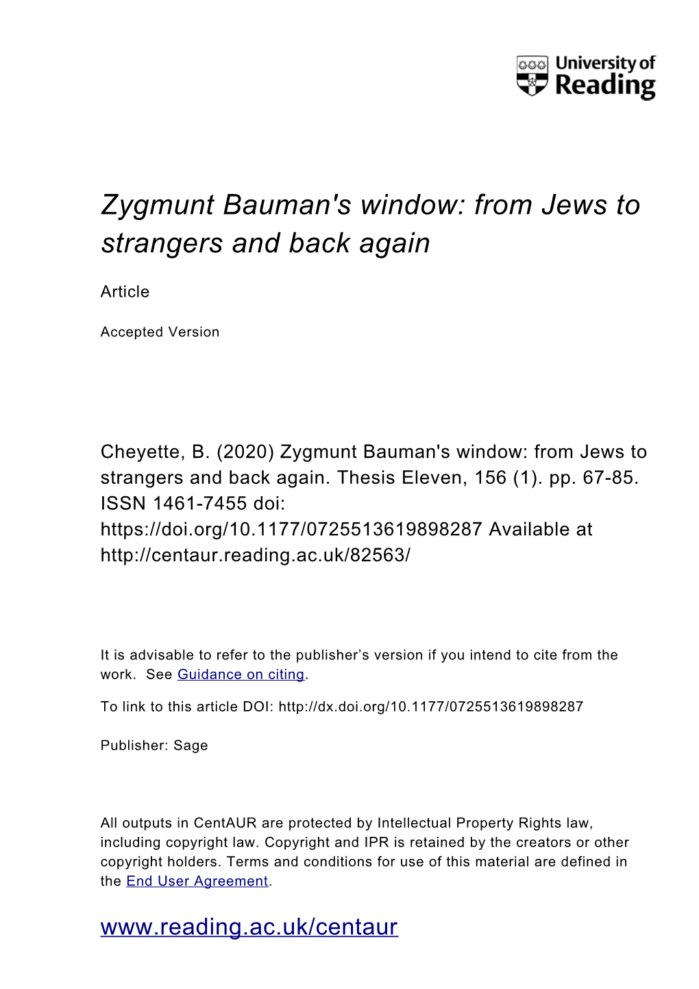 Zygmunt Bauman's Window: from Jews to Strangers and Back Again