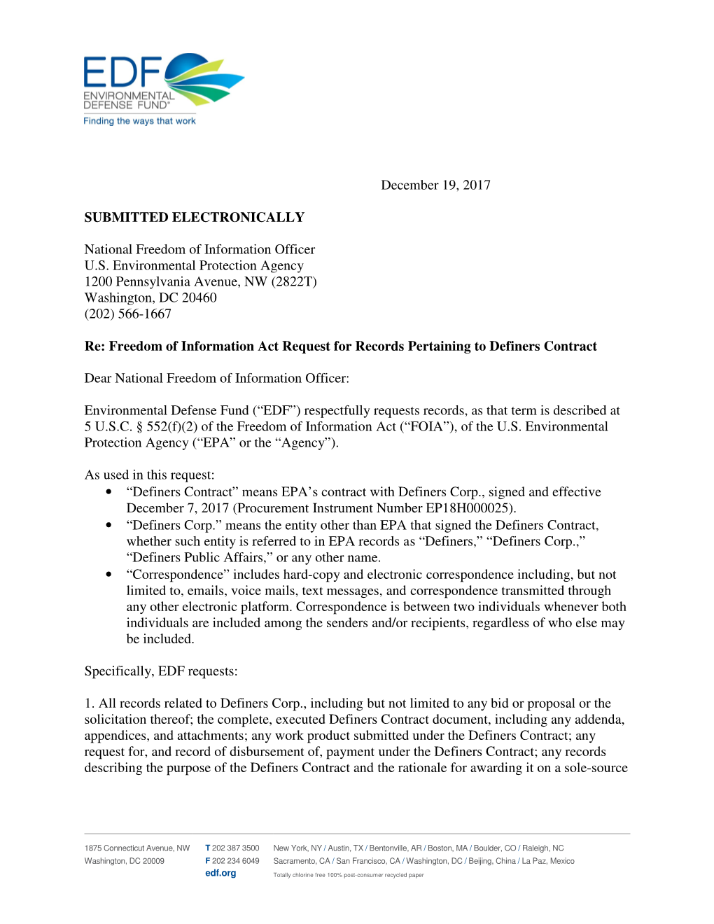 December 19, 2017 SUBMITTED ELECTRONICALLY National Freedom of Information Officer U.S. Environmental Protection Agency 1200