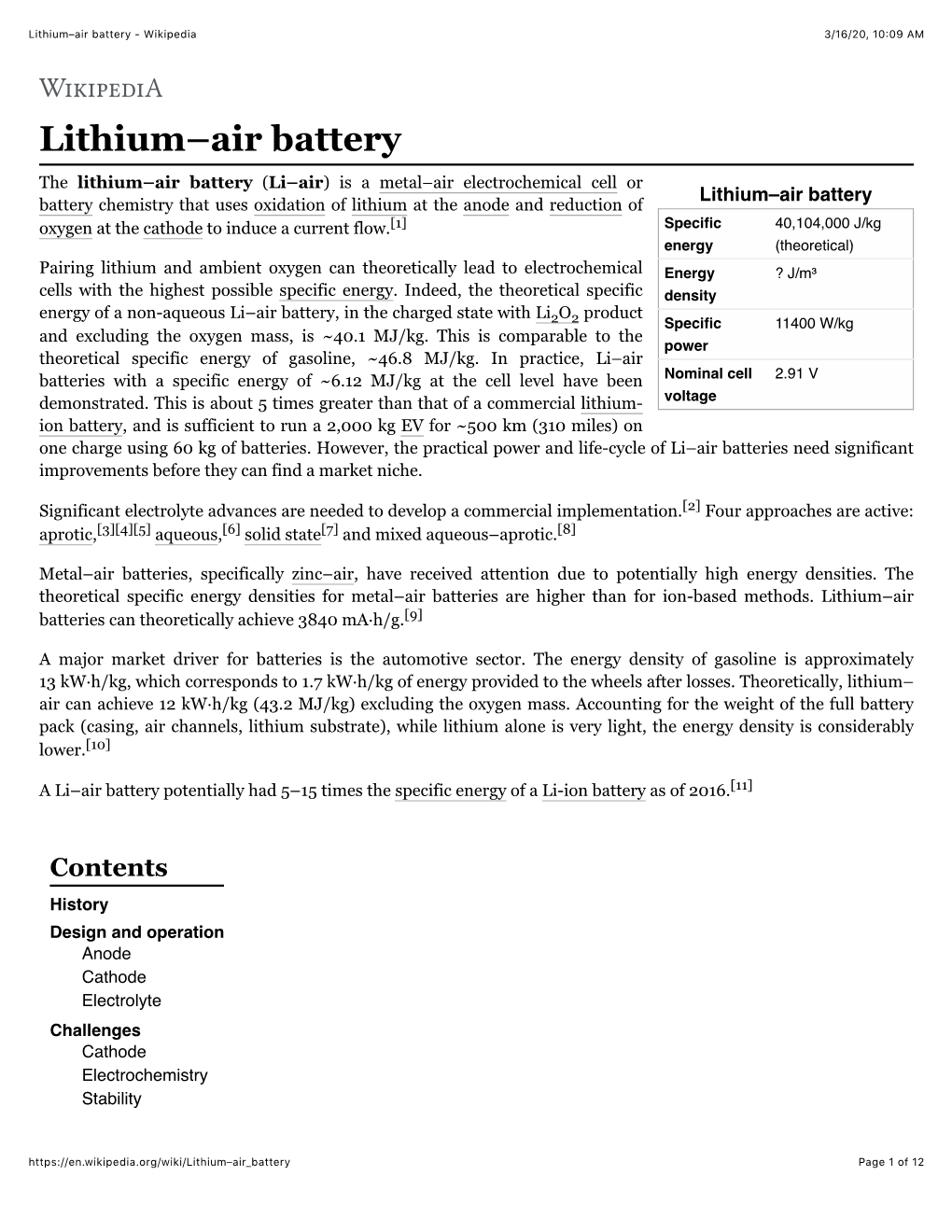 Lithium–Air Battery - Wikipedia 3/16/20, 10�09 AM