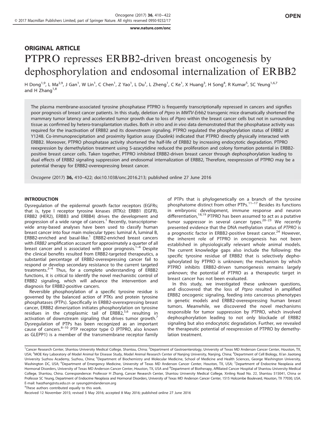PTPRO Represses ERBB2-Driven Breast Oncogenesis by Dephosphorylation and Endosomal Internalization of ERBB2
