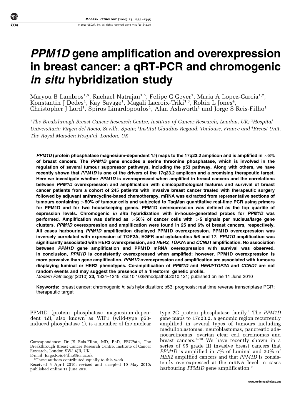 PPM1D Gene Amplification and Overexpression in Breast Cancer: a Qrt-PCR and Chromogenic in Situ Hybridization Study