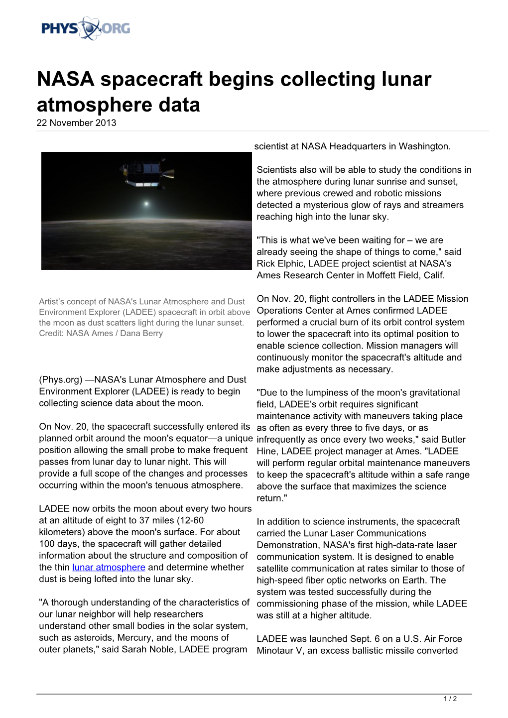 NASA Spacecraft Begins Collecting Lunar Atmosphere Data 22 November 2013