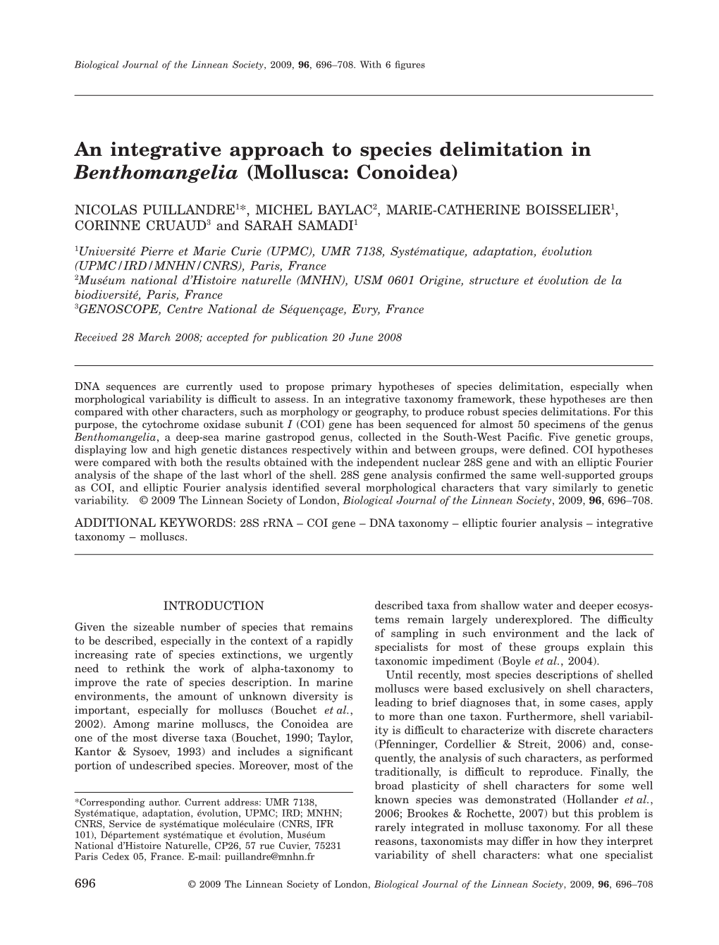 An Integrative Approach to Species Delimitation in Benthomangelia (Mollusca: Conoidea)