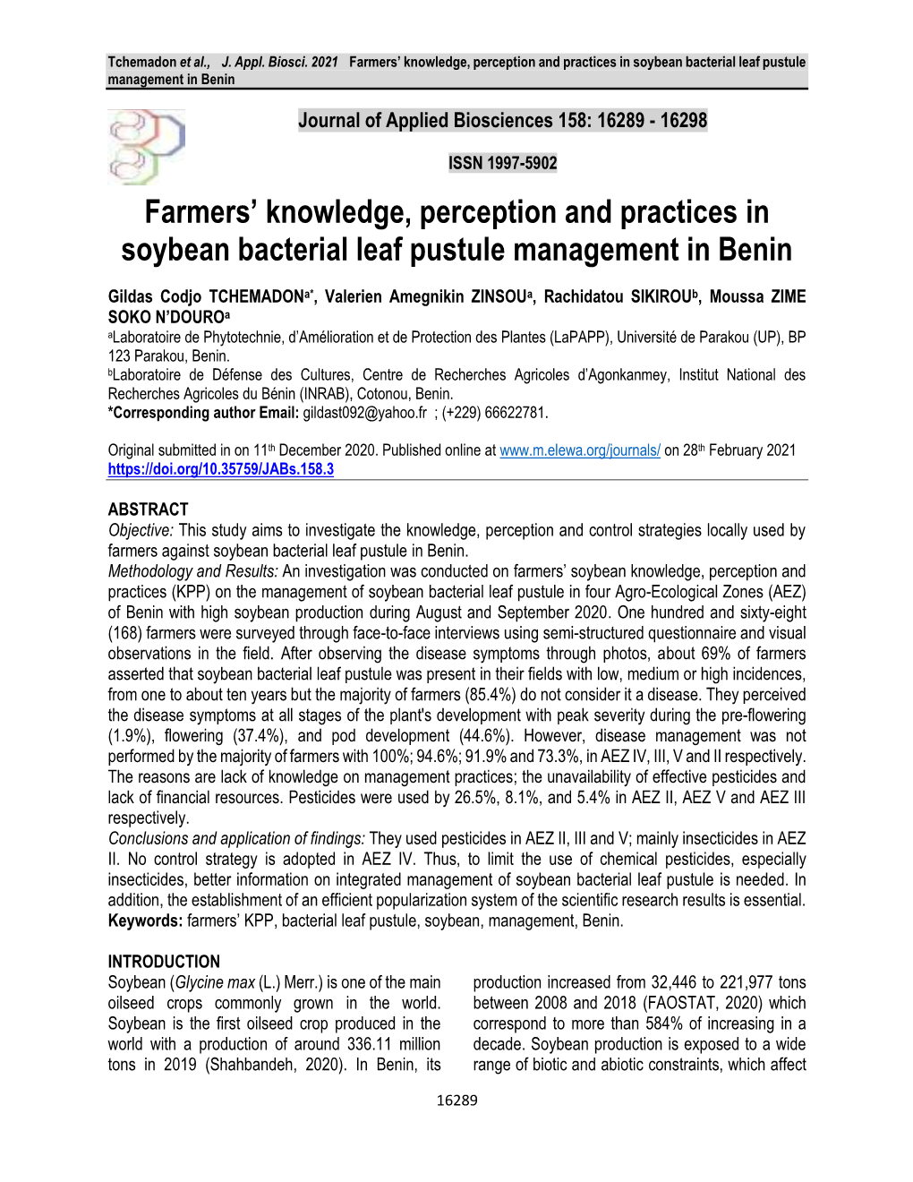 Farmers' Knowledge, Perception and Practices in Soybean Bacterial Leaf