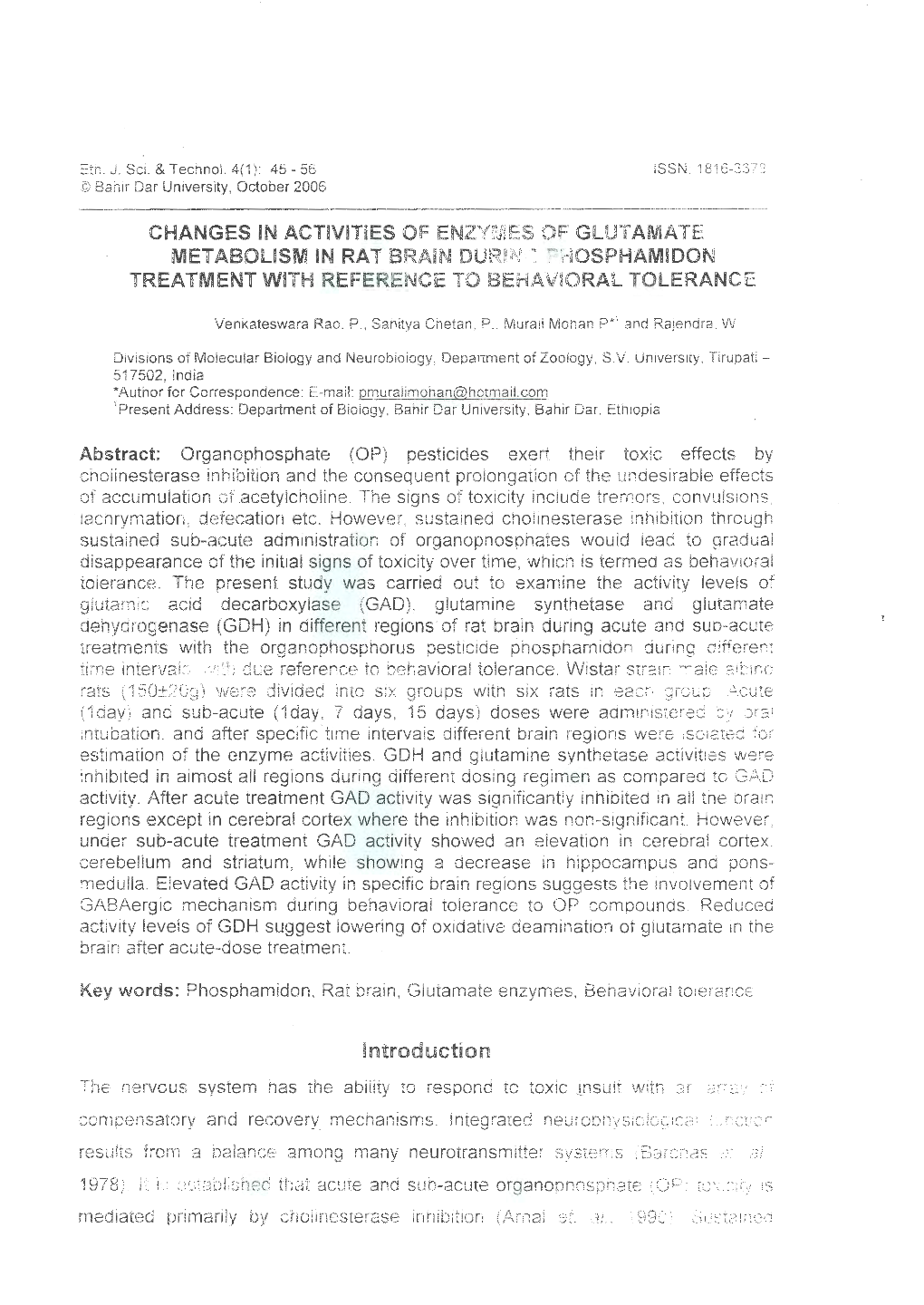 Changes in Activities of Enzymes of Glutamate Metabolism in Rat Brain Dur!N·~ :""Hosphamidon Treatment with Reference to Behavioral Tolerance