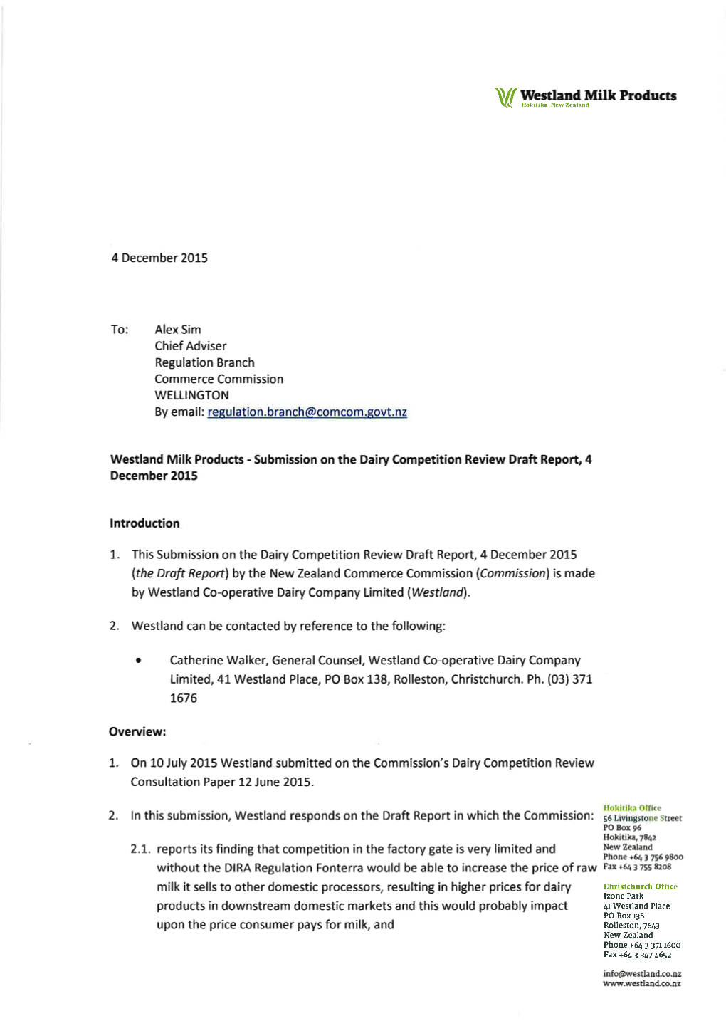 Westland Milk Products Ltd Submission on Draft Report Dairy Competition Review