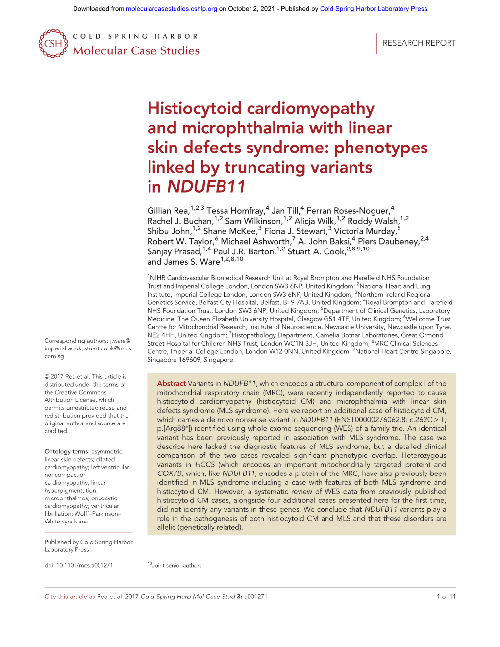 Histiocytoid Cardiomyopathy and Microphthalmia with Linear Skin Defects Syndrome: Phenotypes Linked by Truncating Variants in NDUFB11