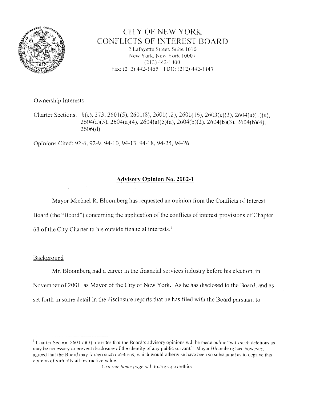 CITY of NEW YORK CONFLICTS of INTEREST BOARD 1 Su 1010 New York