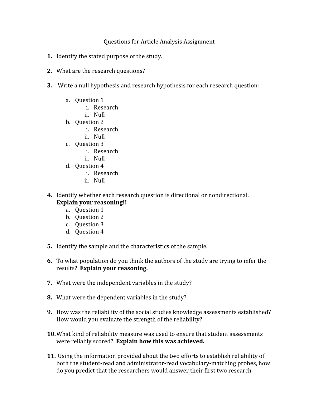 Questions for Article Analysis Assignment