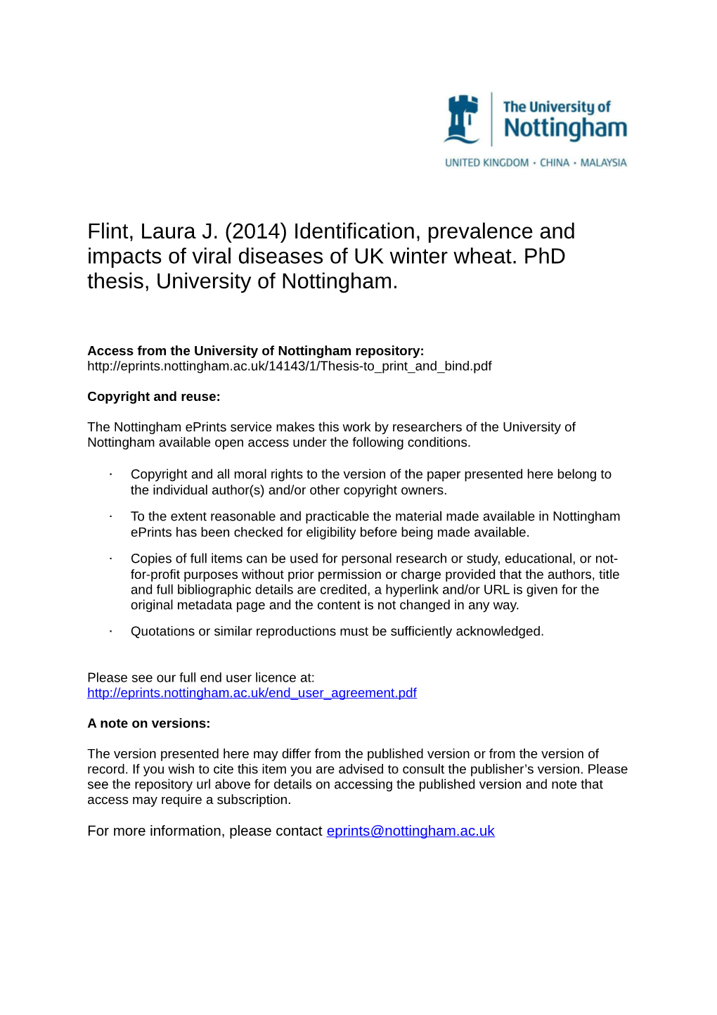 Identification, Prevalence and Impacts of Viral Diseases of UK Winter Wheat