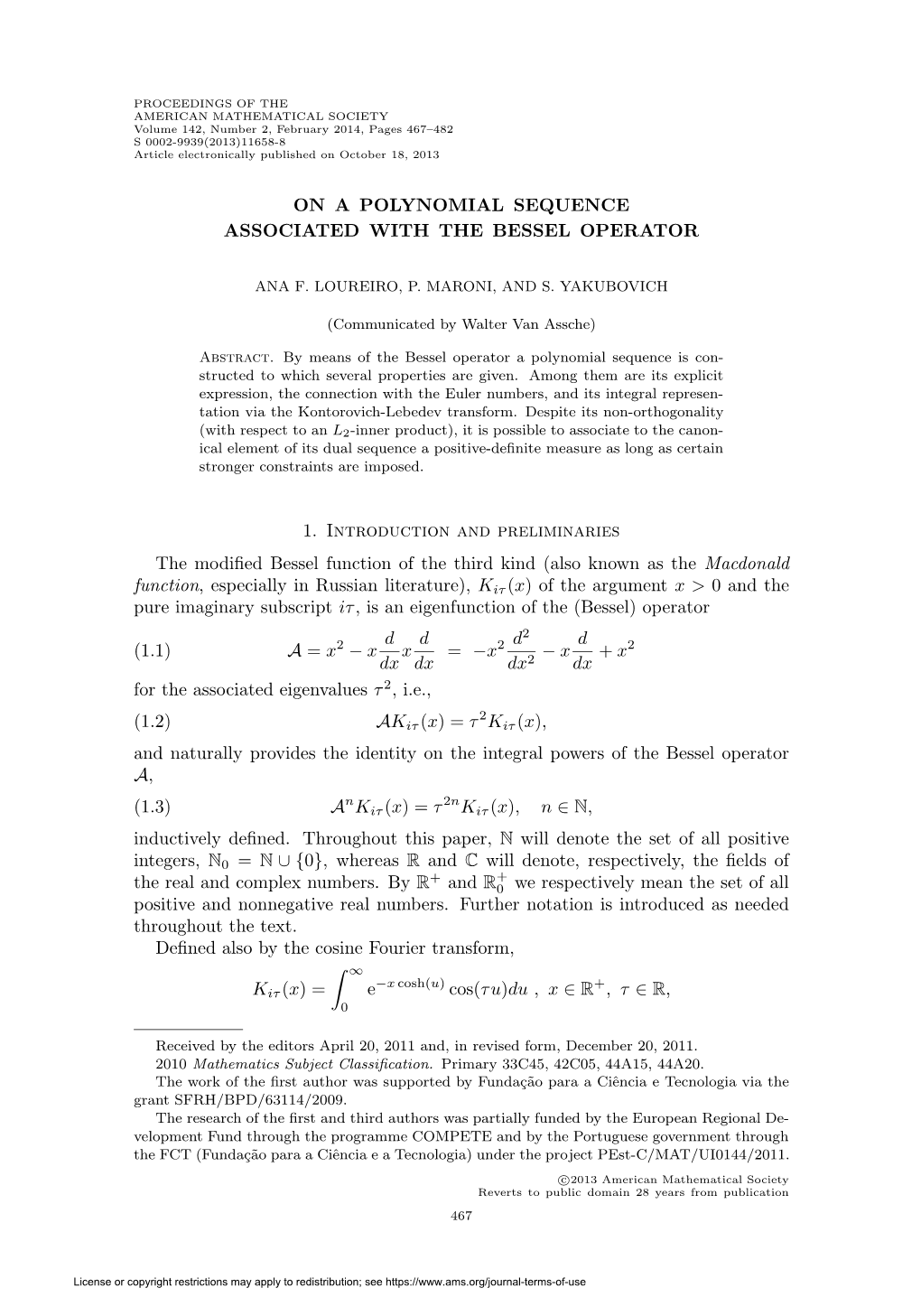 On a Polynomial Sequence Associated with the Bessel Operator