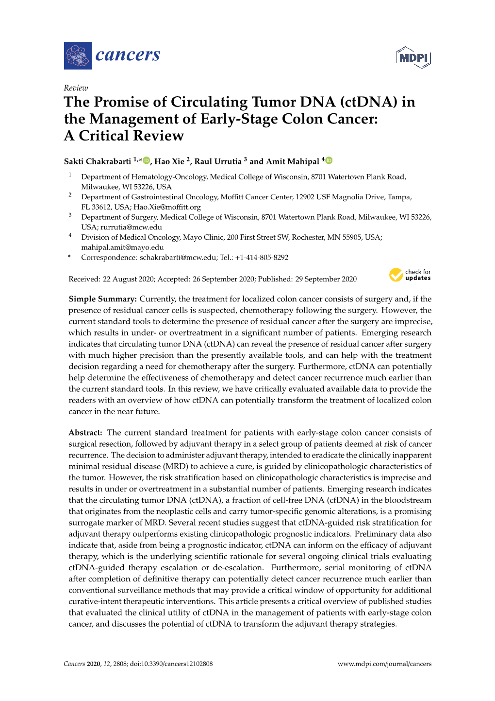 (Ctdna) in the Management of Early-Stage Colon Cancer: a Critical Review