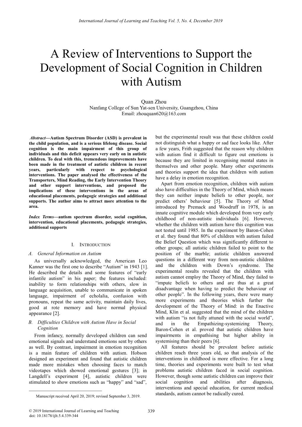 A Review of Interventions to Support the Development of Social Cognition in Children with Autism