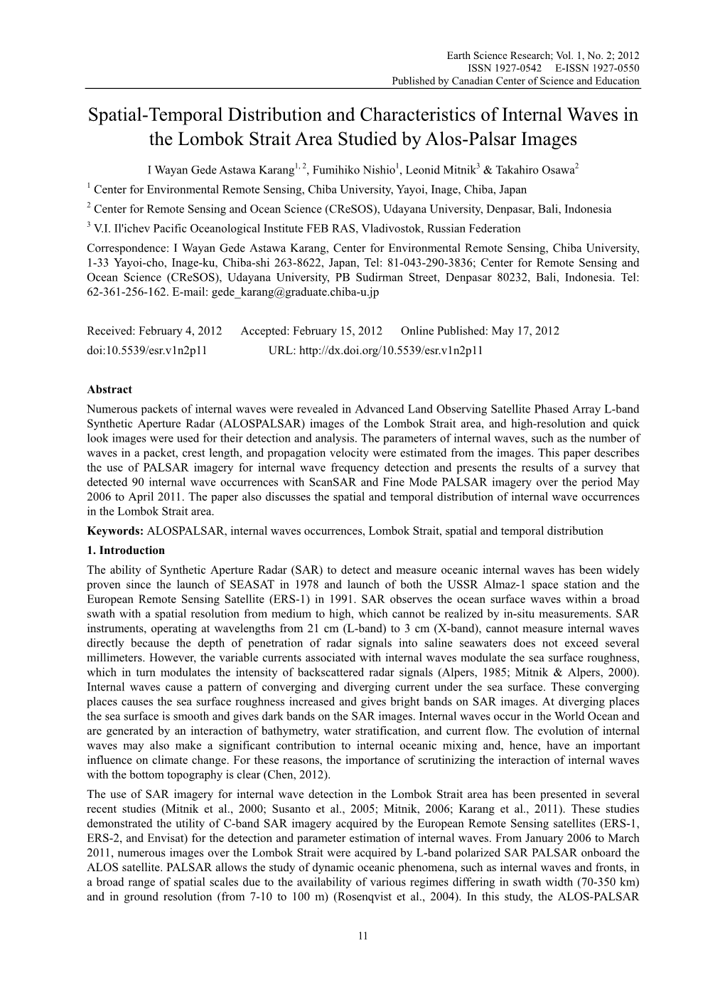 Spatial-Temporal Distribution and Characteristics of Internal Waves in the Lombok Strait Area Studied by Alos-Palsar Images