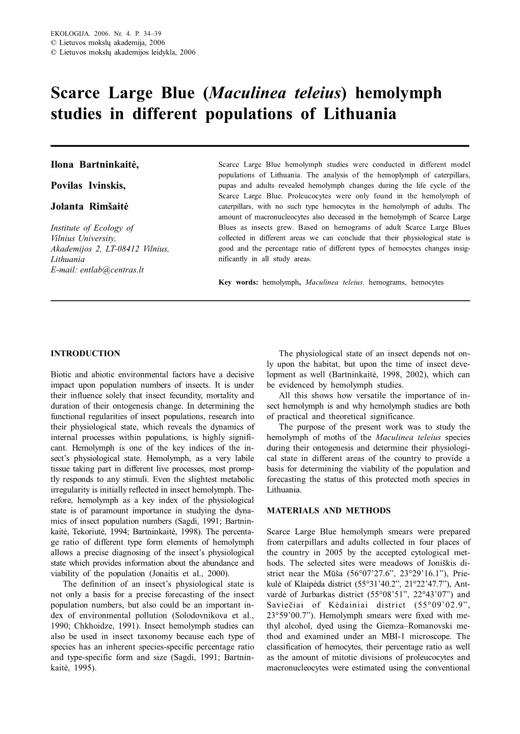 (Maculinea Teleius) Hemolymph Studies in Different Populations of Lithuania