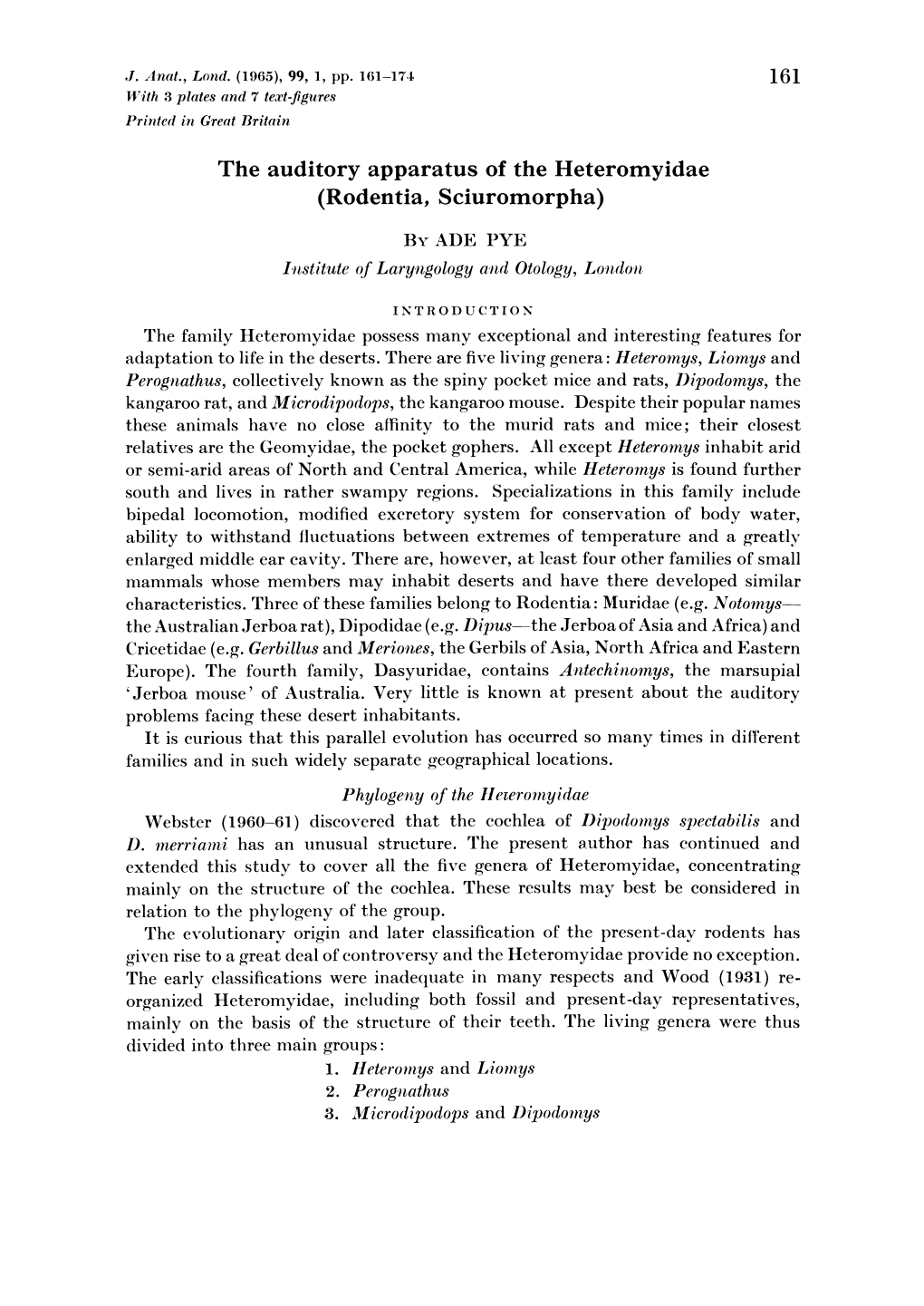 The Auditory Apparatus of the Heteromyidae (Rodentia, Sciuromorpha) by ADE PYE Institute of Laryngology and Otology, London