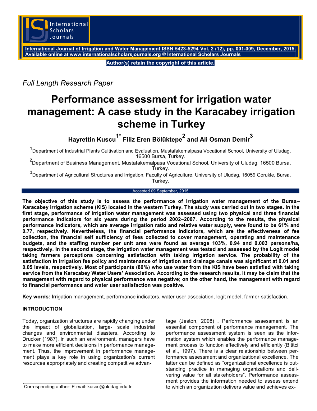 Performance Assessment for Irrigation Water Management: a Case Study in the Karacabey Irrigation Scheme in Turkey