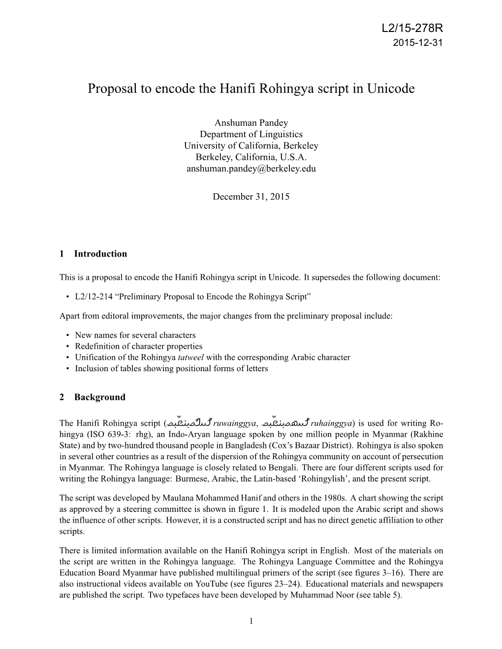 Proposal to Encode the Hanifi Rohingya Script in Unicode