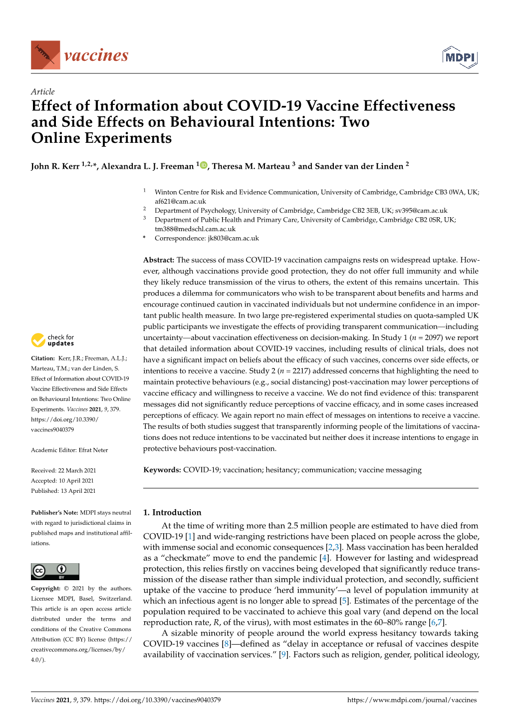 Effect of Information About COVID-19 Vaccine Effectiveness and Side Effects on Behavioural Intentions: Two Online Experiments