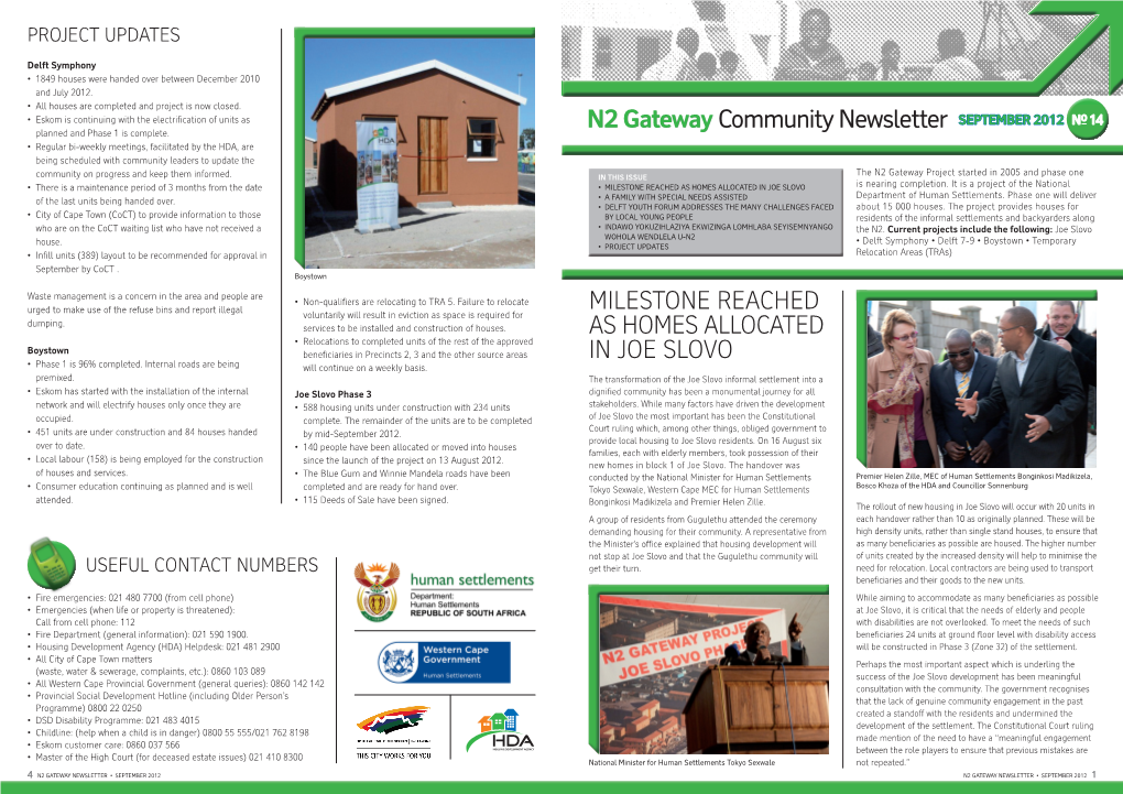 N2 Gateway Community Newsletter September 2012 NO 14 Planned and Phase 1 Is Complete