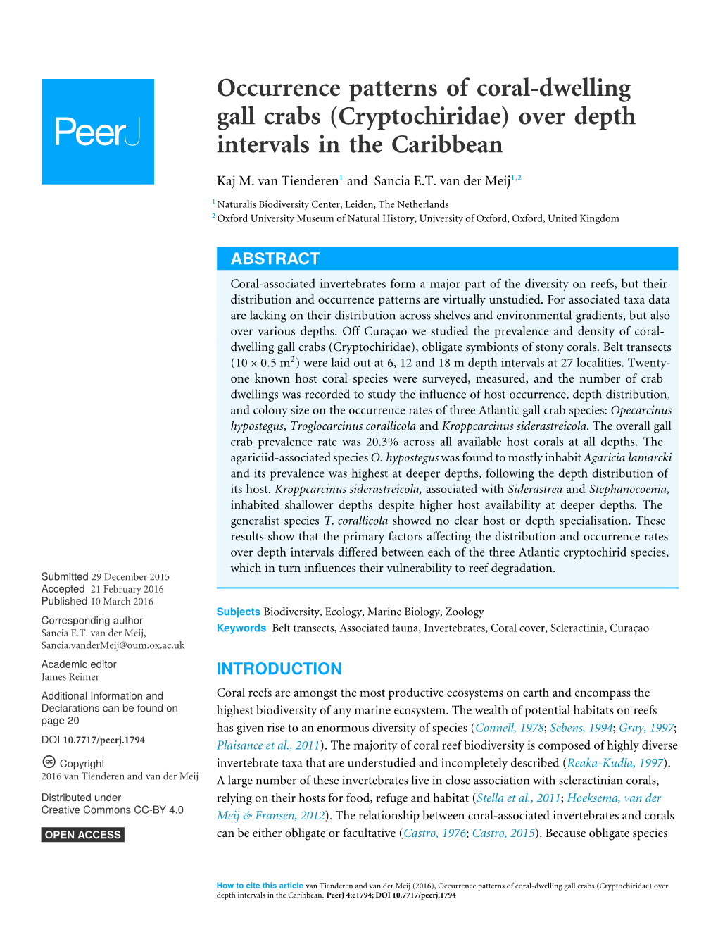 Occurrence Patterns of Coral-Dwelling Gall Crabs (Cryptochiridae) Over Depth Intervals in the Caribbean
