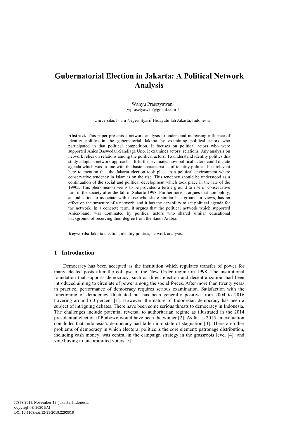 Gubernatorial Election in Jakarta: a Political Network Analysis