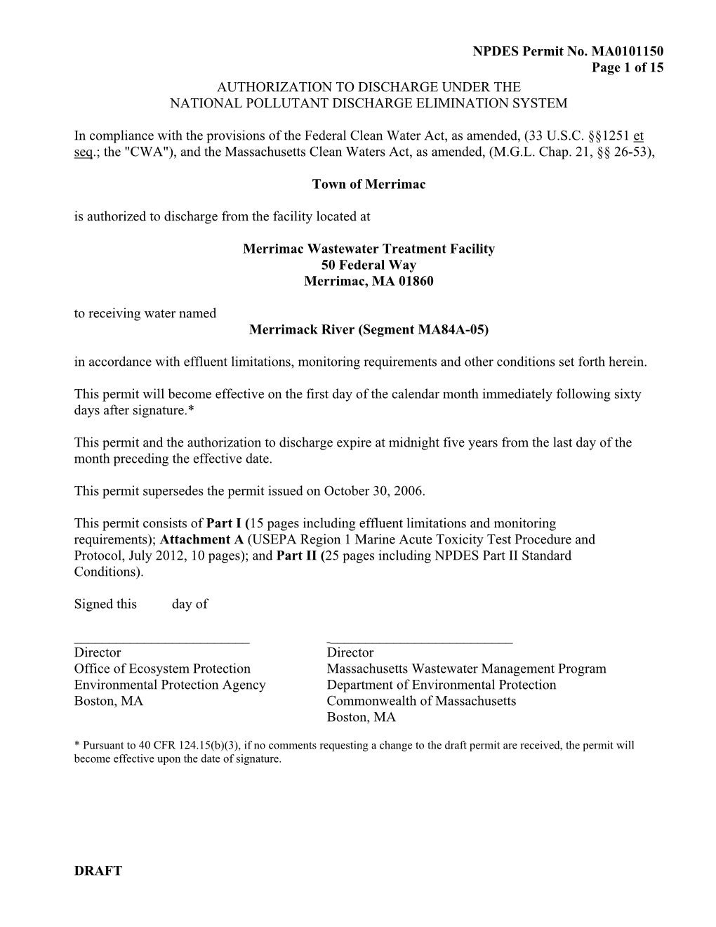 Merrimac Wastewater Treatment Facility; Draft Permit; MA0101150