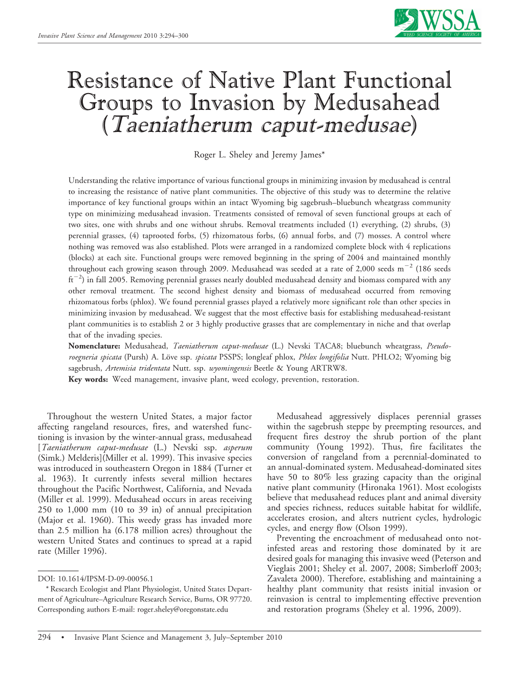 Resistance of Native Plant Functional Groups to Invasion by Medusahead (Taeniatherum Caput-Medusae)