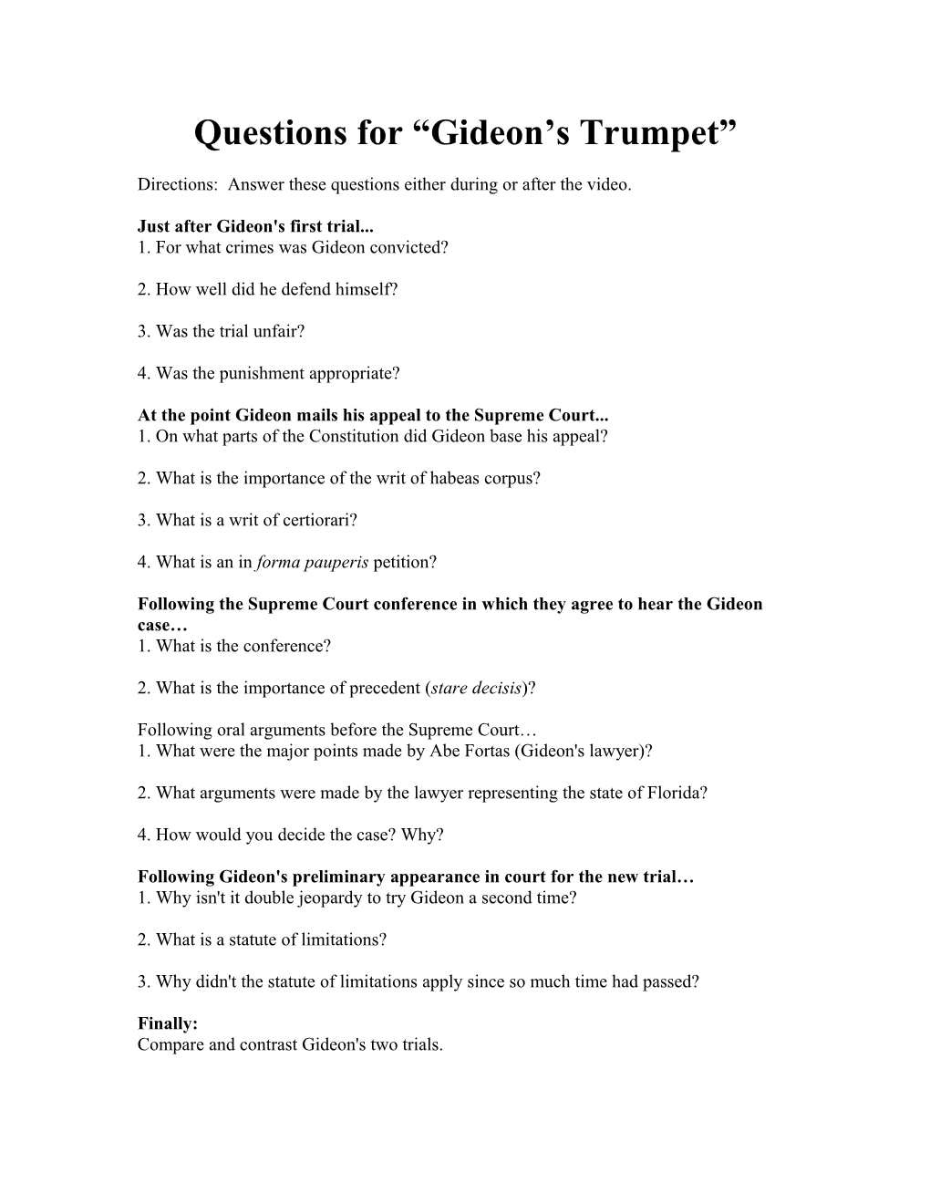 Questions for Gideon S Trumpet