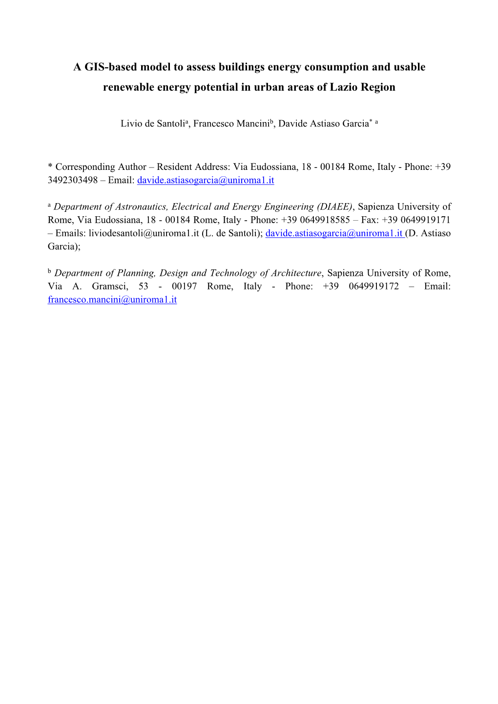 A GIS-Based Model to Assess Buildings Energy Consumption and Usable Renewable Energy Potential in Urban Areas of Lazio Region