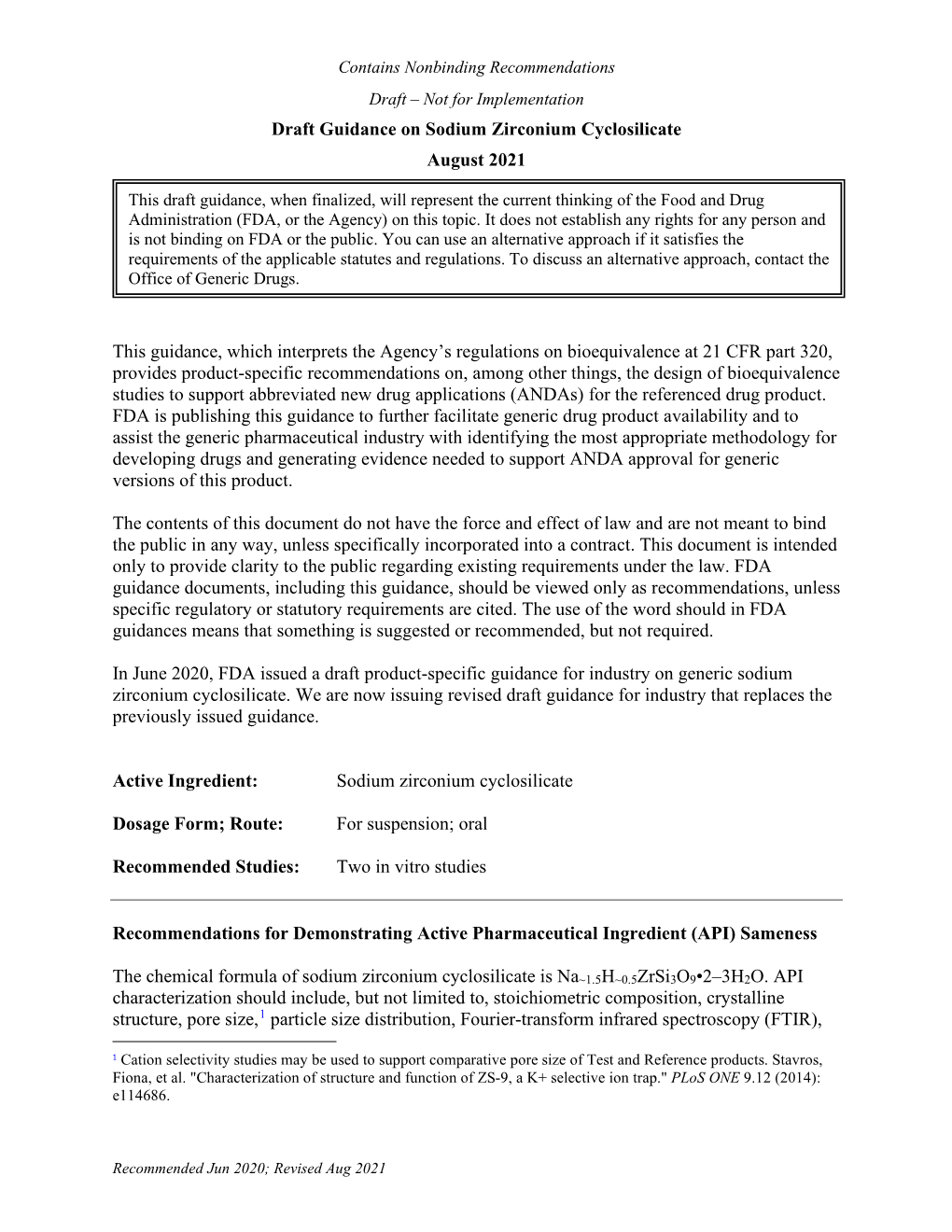 Draft Guidance on Sodium Zirconium Cyclosilicate August 2021