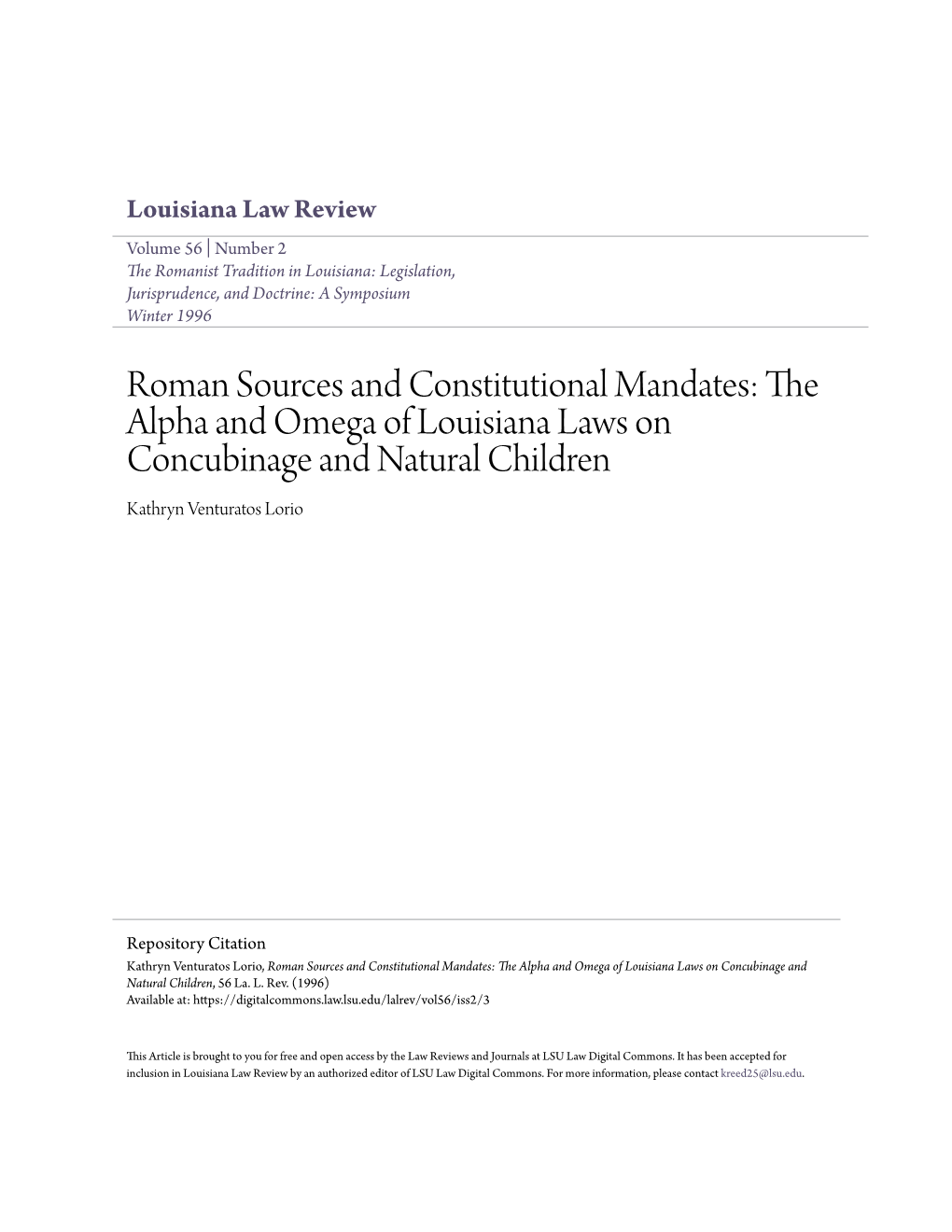 The Alpha and Omega of Louisiana Laws on Concubinage and Natural Children Kathryn Venturatos Lorio