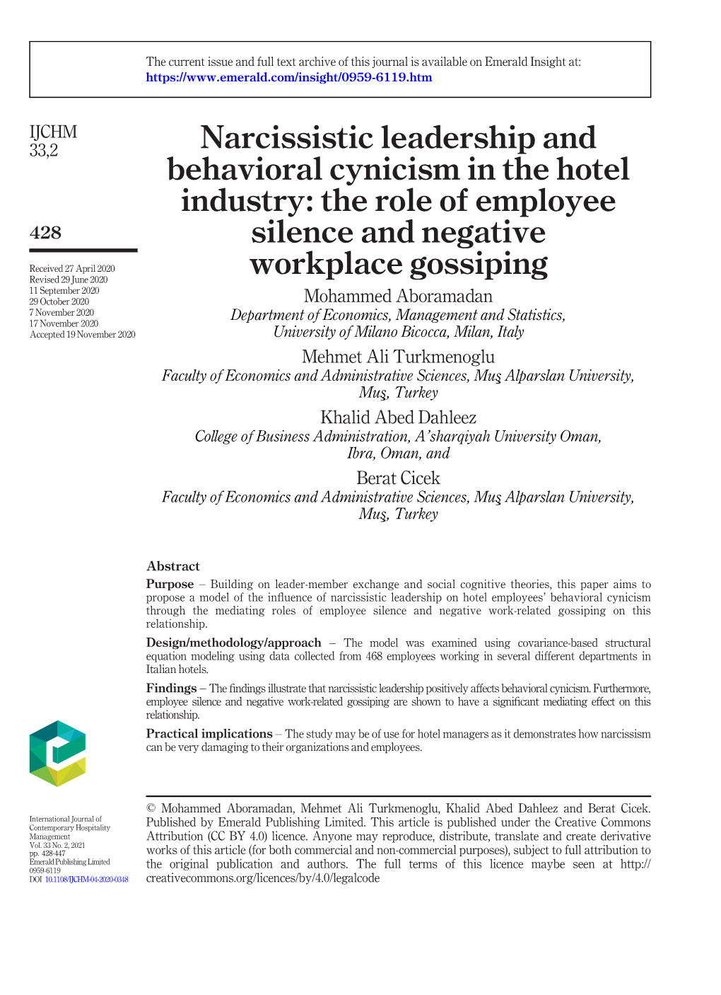 Narcissistic Leadership and Behavioral Cynicism in the Hotel Industry