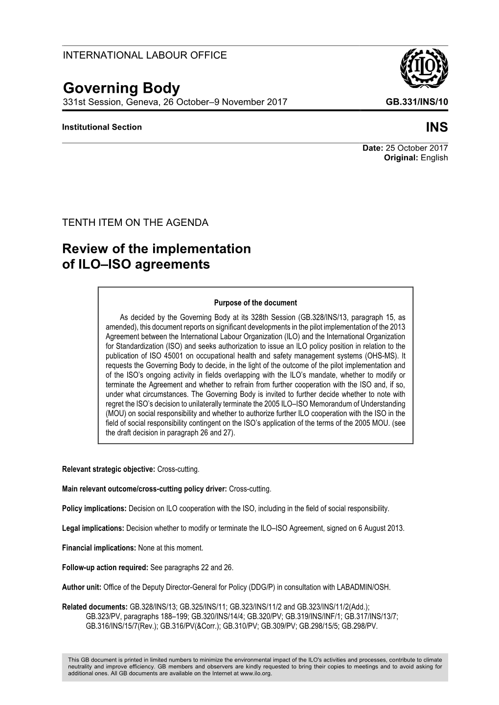 Review of the Implementation of ILO–ISO Agreements