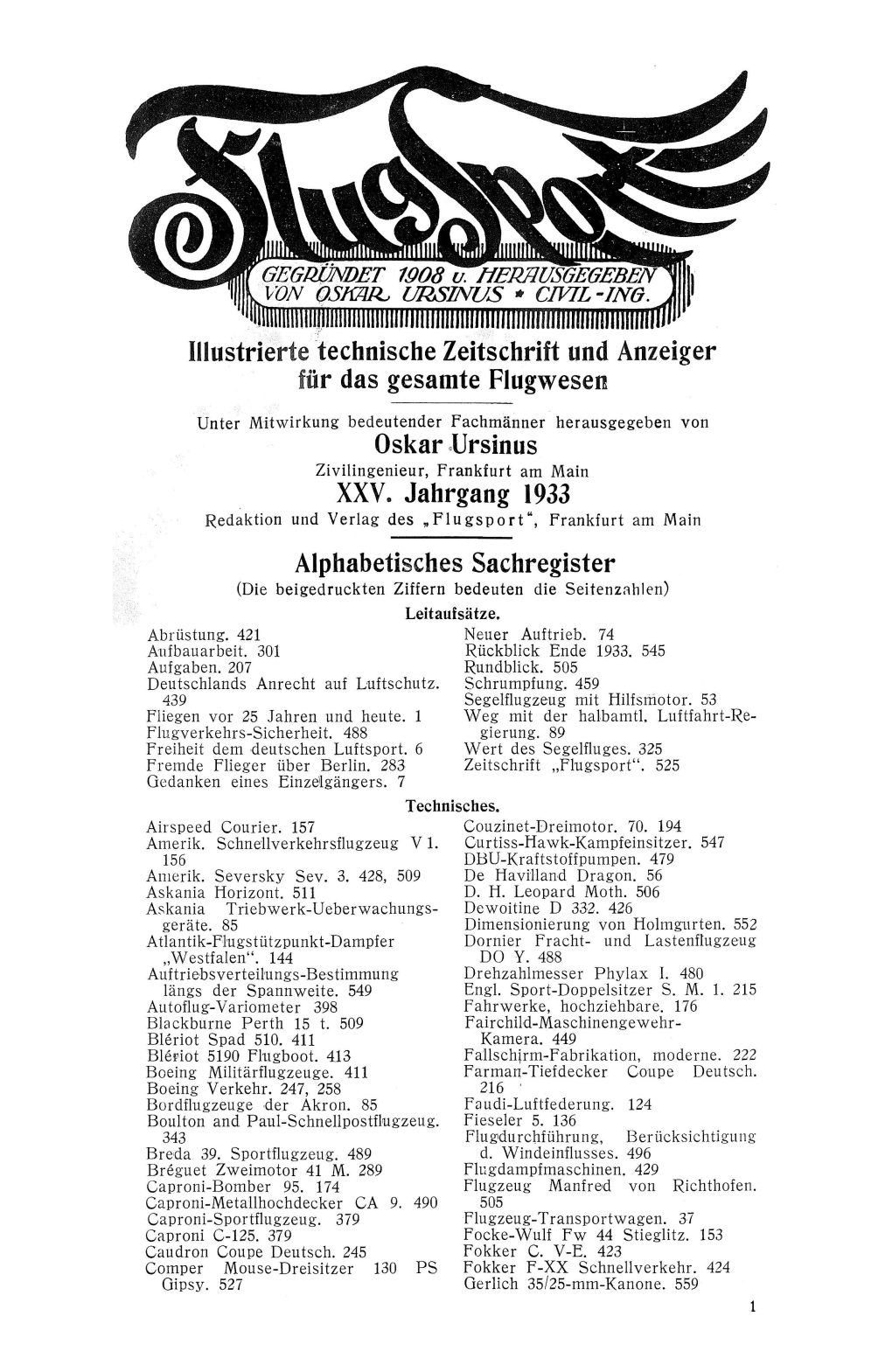 Inhaltsverzeichnis 1933