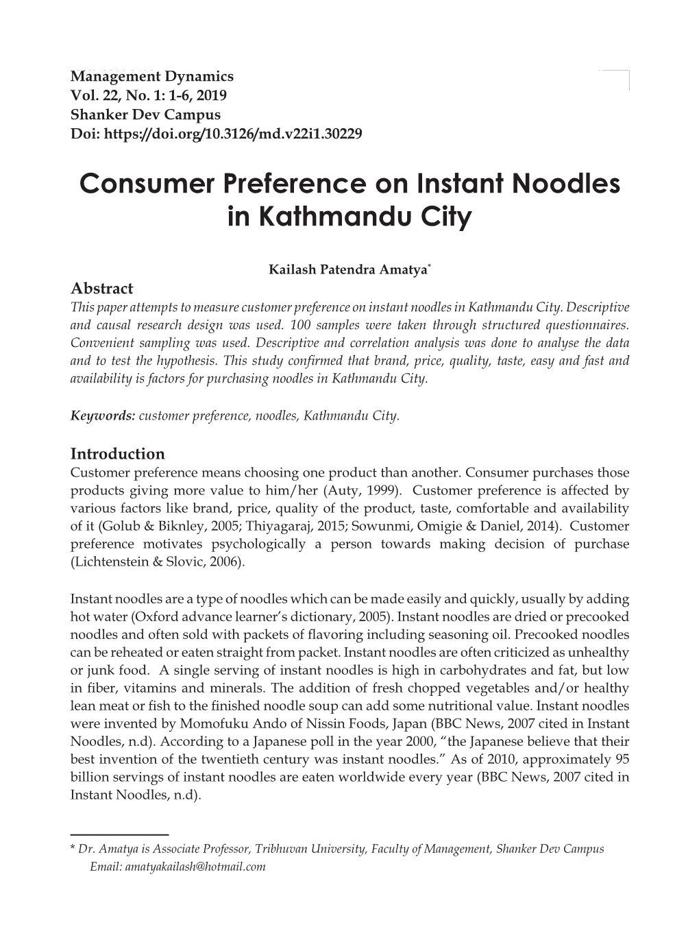 Consumer Preference on Instant Noodles in Kathmandu City