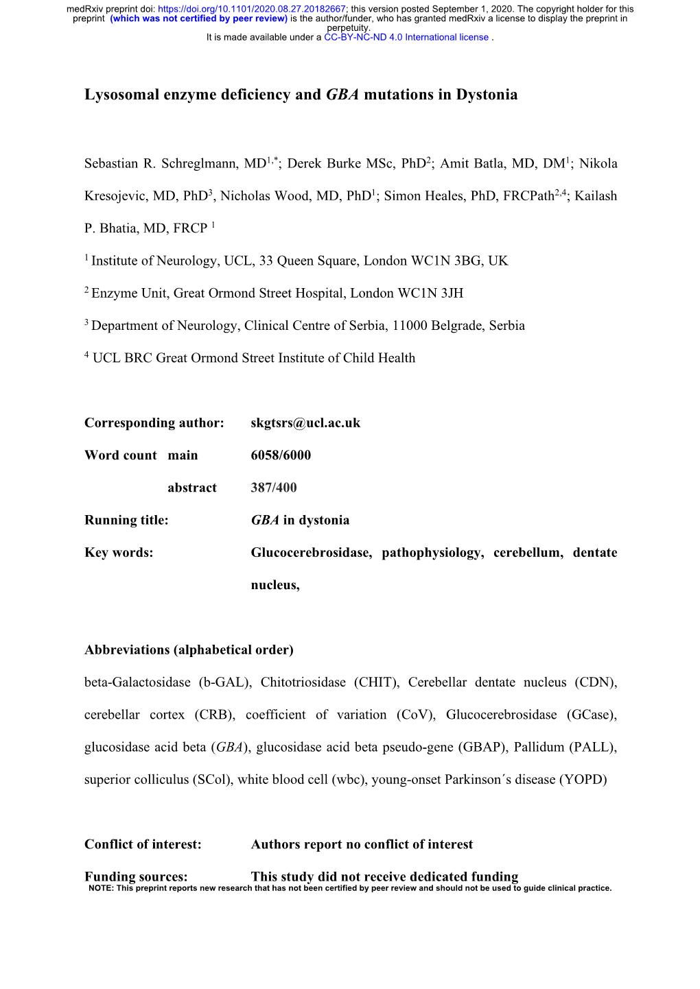 Lysosomal Enzyme Deficiency and GBA Mutations in Dystonia