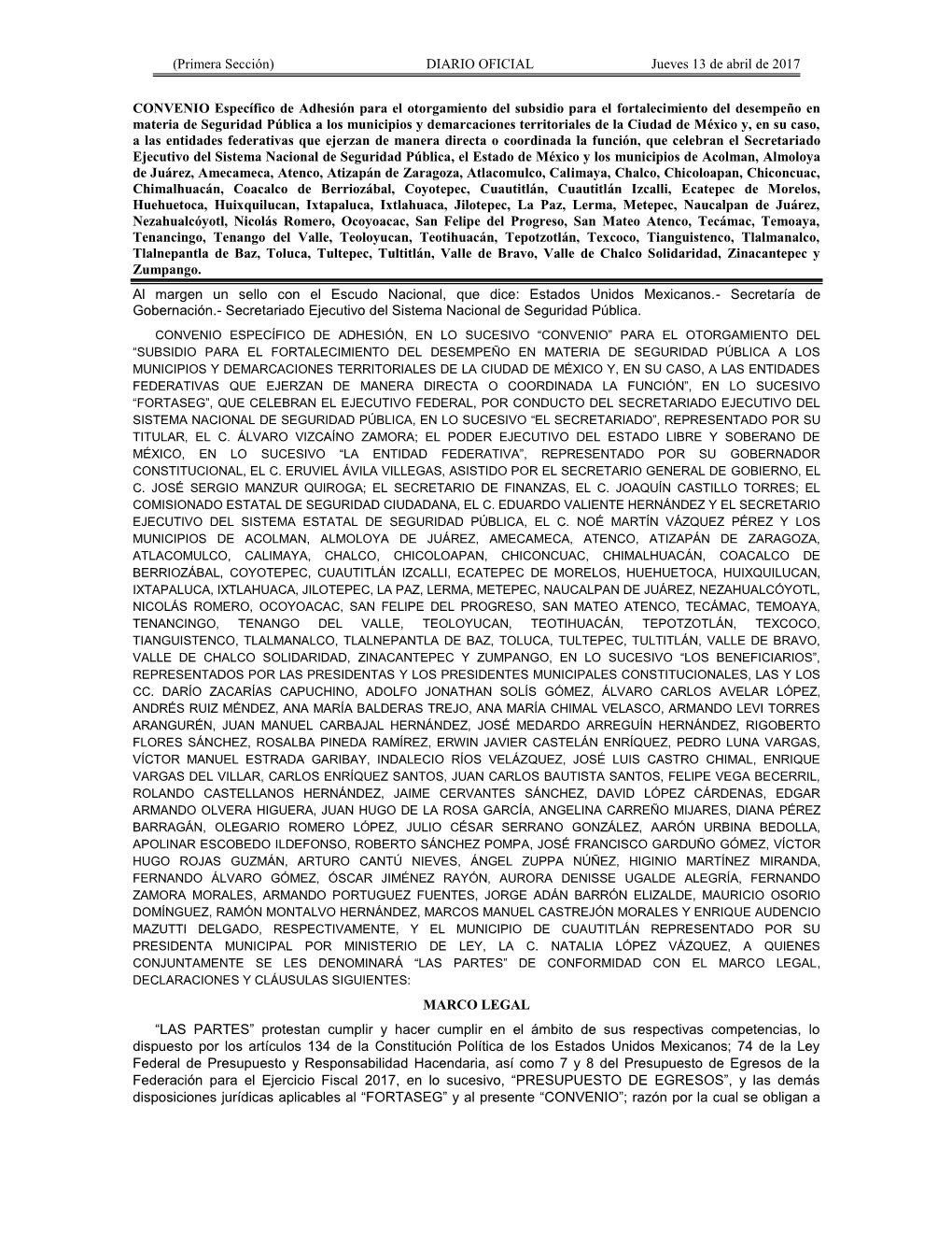 (Primera Sección) DIARIO OFICIAL Jueves 13 De Abril De 2017 CONVENIO Específico De Adhesión Para El Otorgamiento Del Subsidio