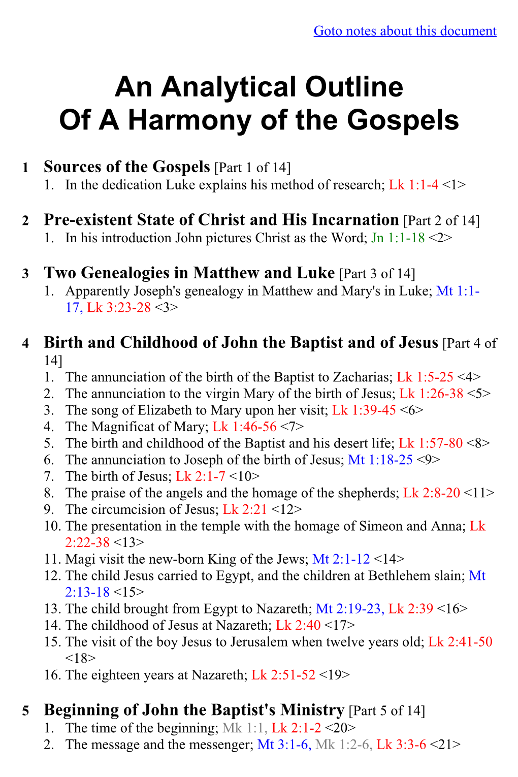 An Analytical Outline of a Harmony of the Gospels