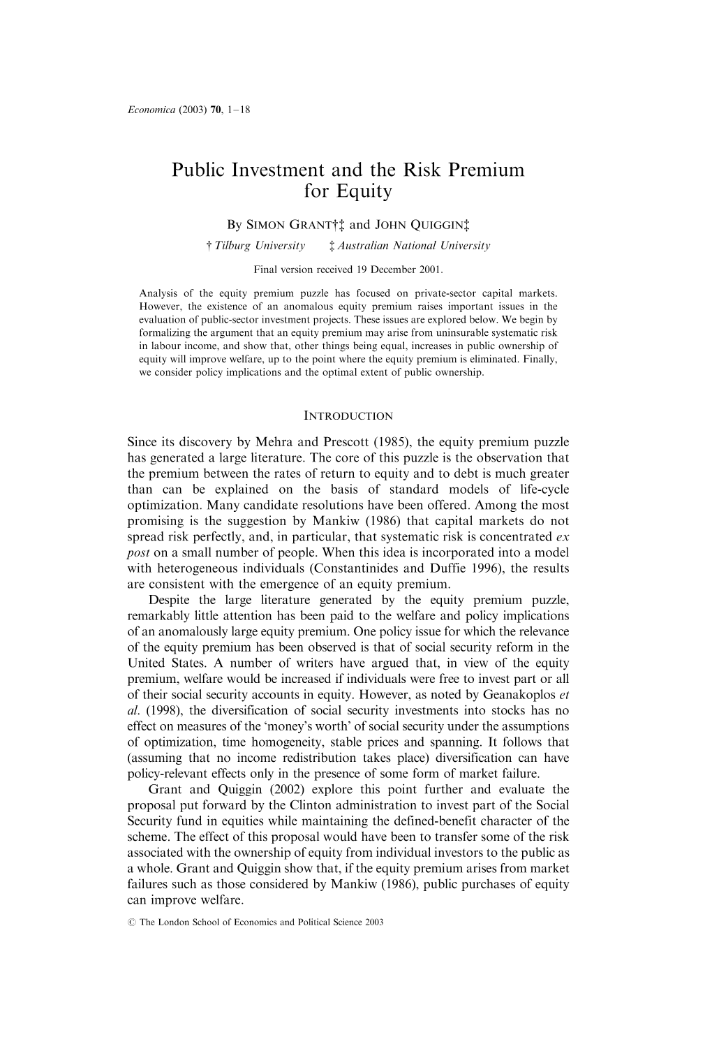 Public Investment and the Risk Premium for Equity