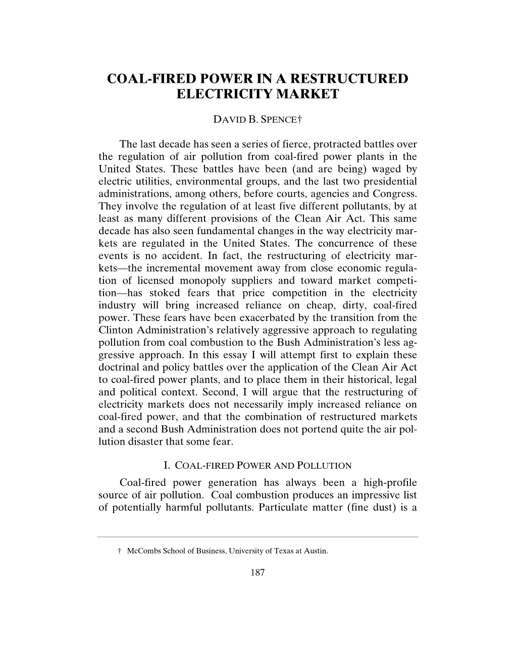 Coal-Fired Power in a Restructured Electricity Market