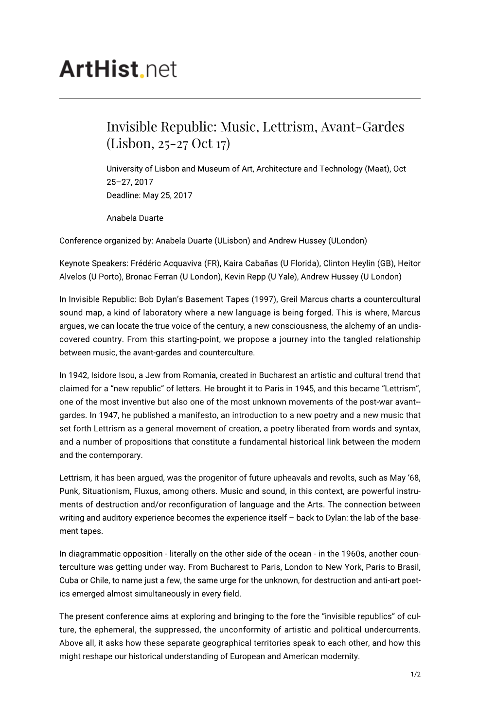 Invisible Republic: Music, Lettrism, Avant-Gardes (Lisbon, 25-27 Oct 17)