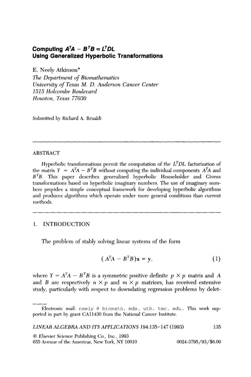 Computing ATA - BTB = LTDL Using Generalized Hyperbolic Transformations