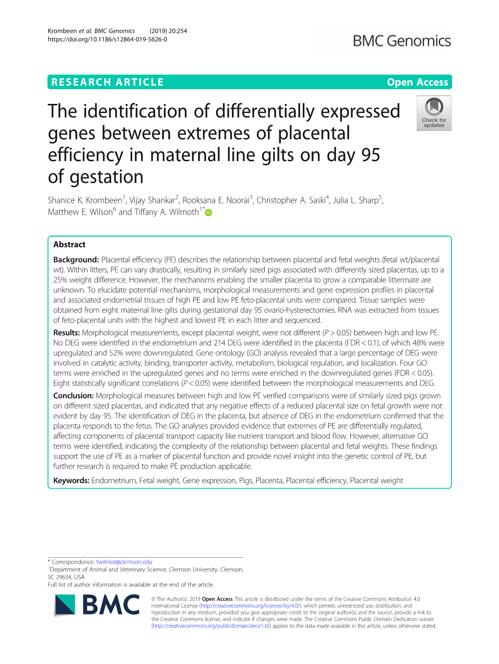 The Identification of Differentially Expressed Genes Between Extremes of Placental Efficiency in Maternal Line Gilts on Day 95 of Gestation Shanice K