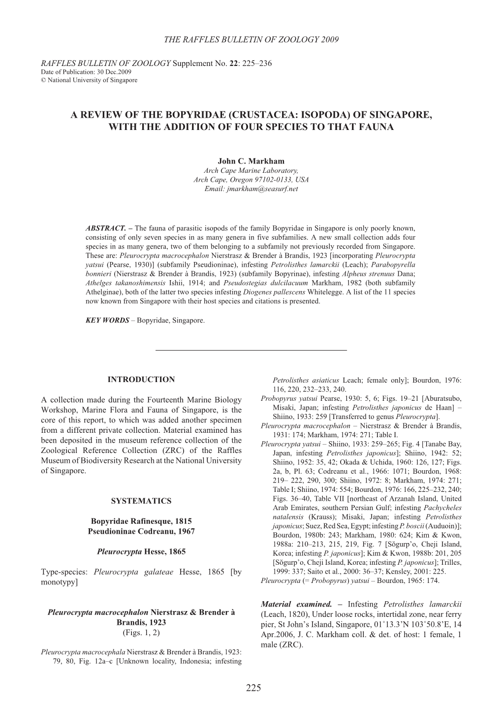 225 a Review of the Bopyridae (Crustacea: Isopoda) Of