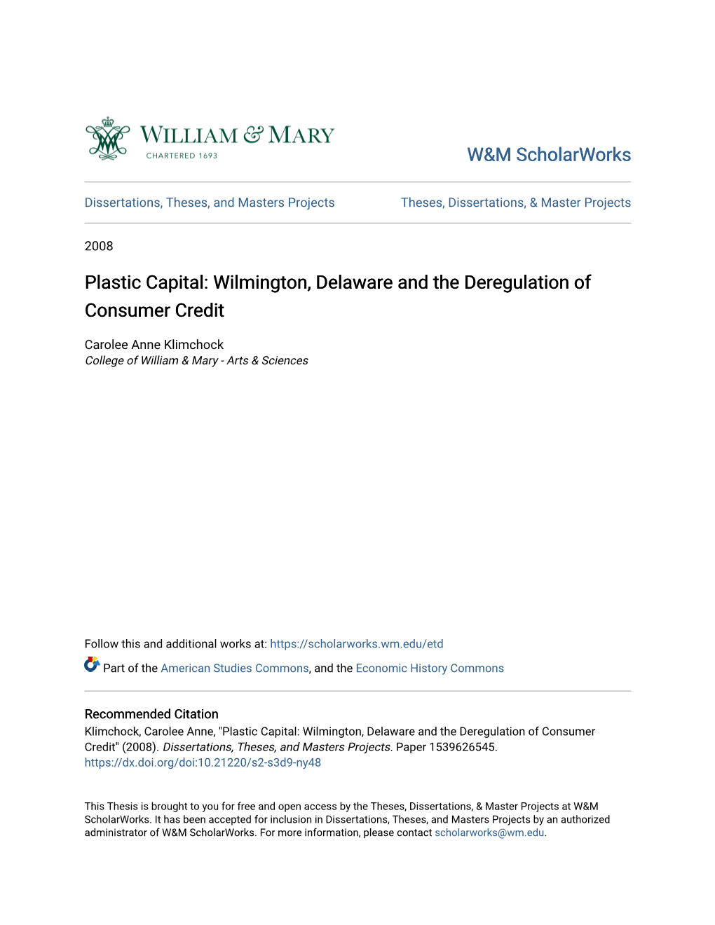 Wilmington, Delaware and the Deregulation of Consumer Credit