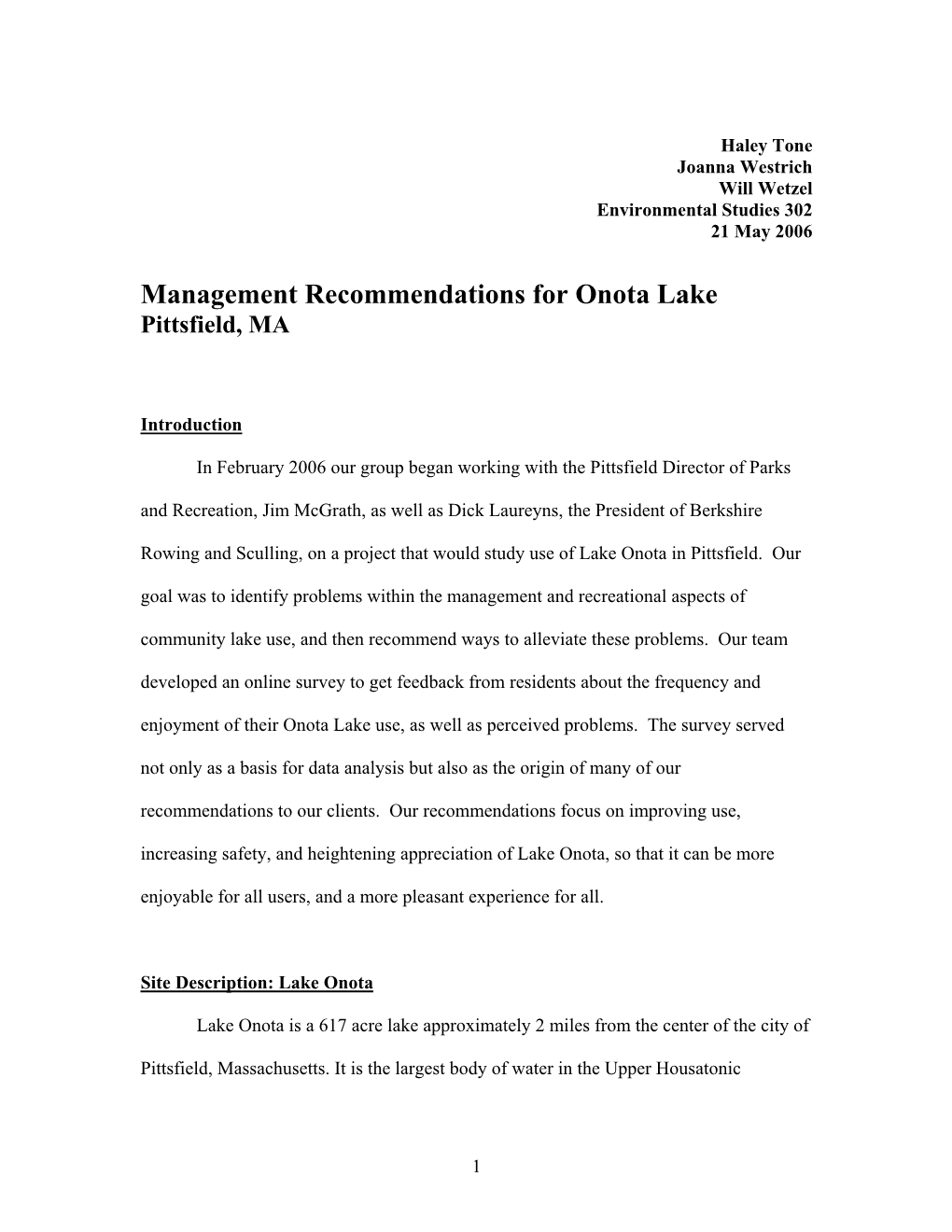 Management Recommendations for Onota Lake Pittsfield, MA