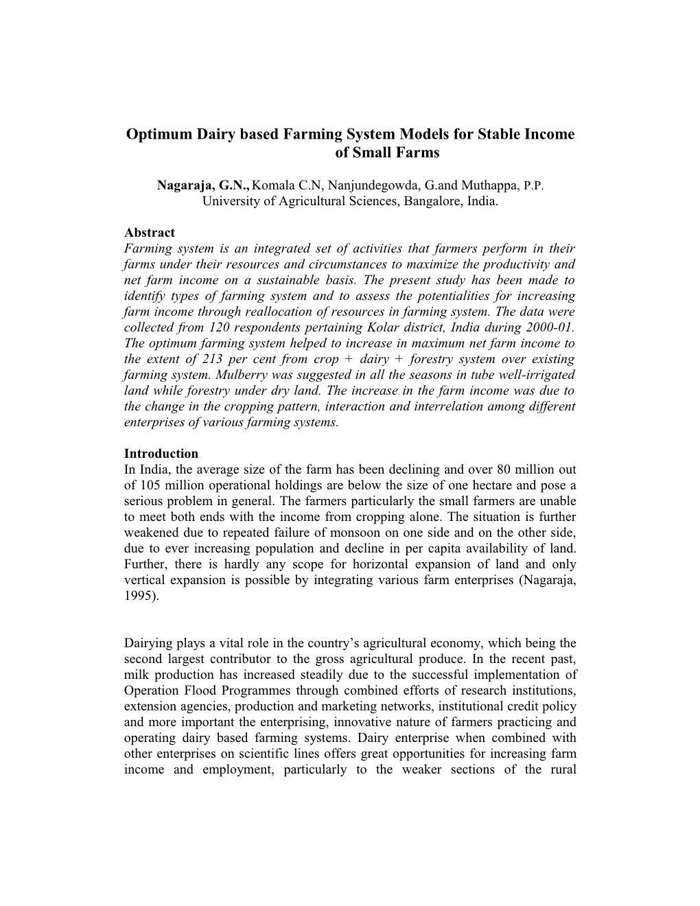 Optimum Dairy Based Farming Systems For Stable Income Of Small Farms